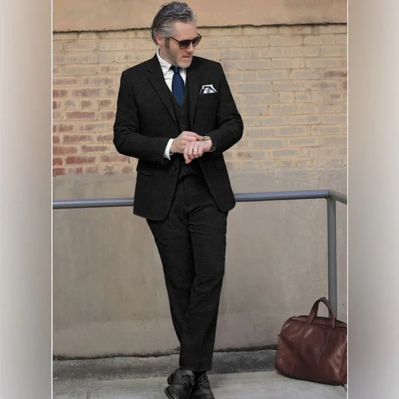 Studio Suits Rope Weave Black Tweed Bespoke Luxury Men’s 3-Piece Suit
